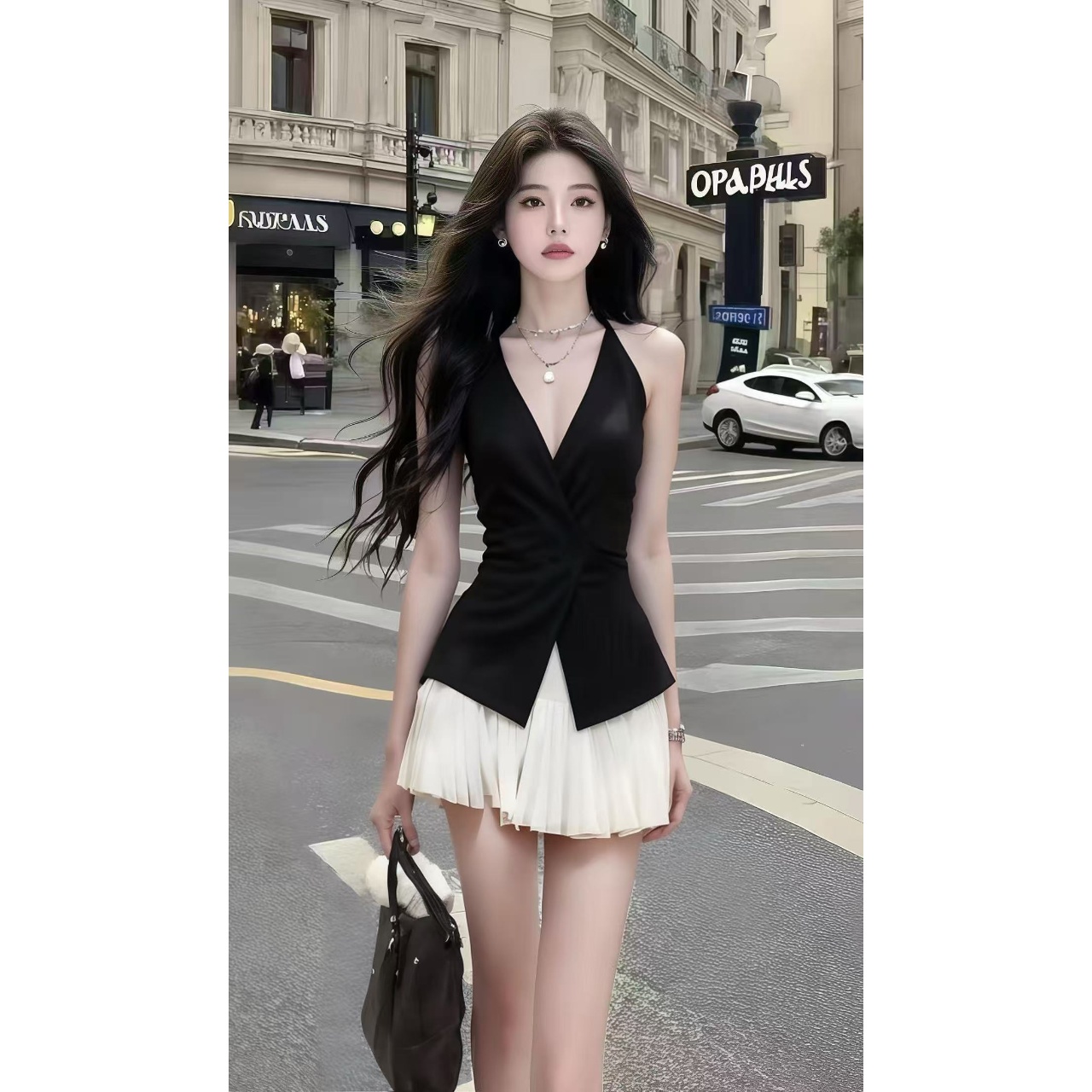 时尚高级气质纯欲辣妹风黑白撞色无袖V领修身收腰百褶连衣裙套装
