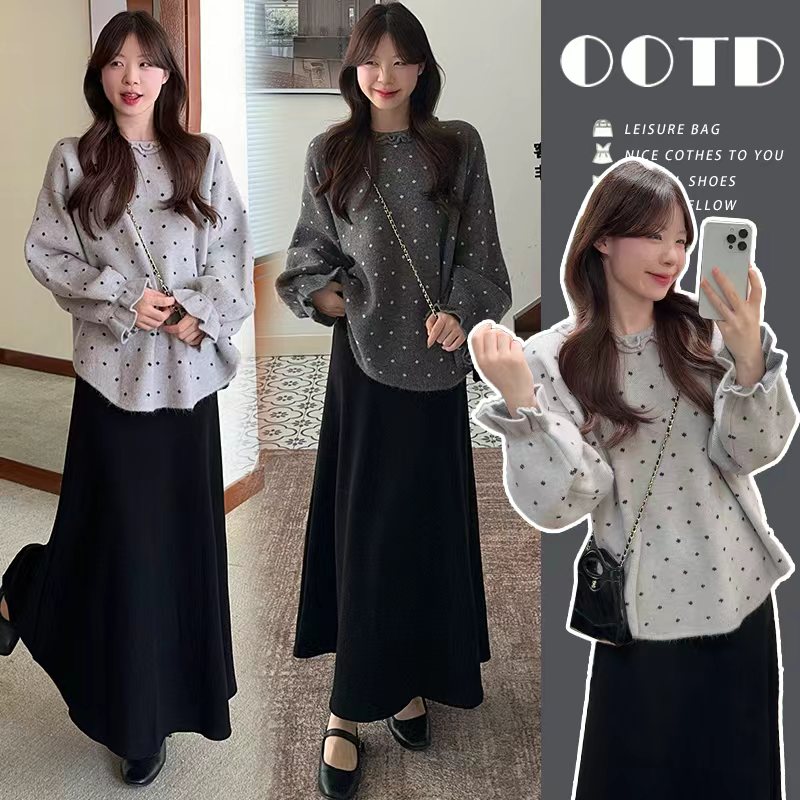 孕妇装2025秋冬加厚套装慵懒风印花针织毛衣上衣+半身裙