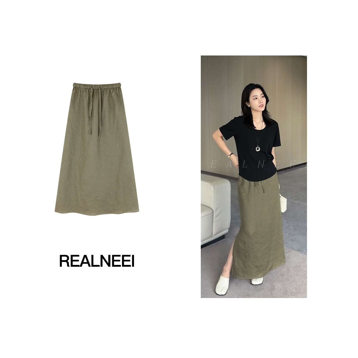 REALNEEI【褐绿半裙】极简99亚麻开叉设计直筒显瘦系带半身裙22443