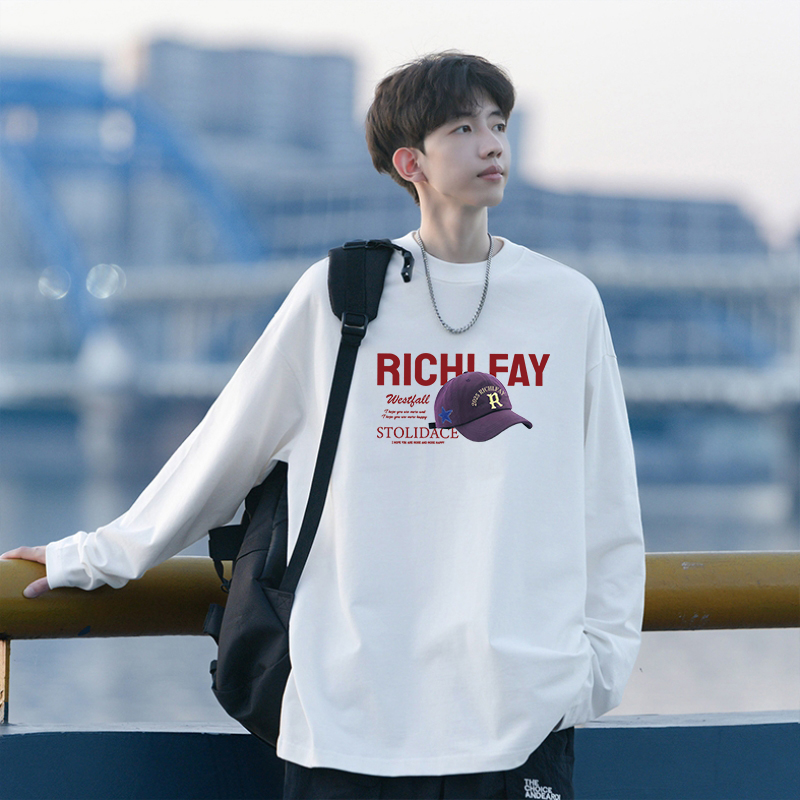 霄桂姿 字母印花纯棉长袖t恤男秋季宽松休闲圆领个性百搭内搭打底