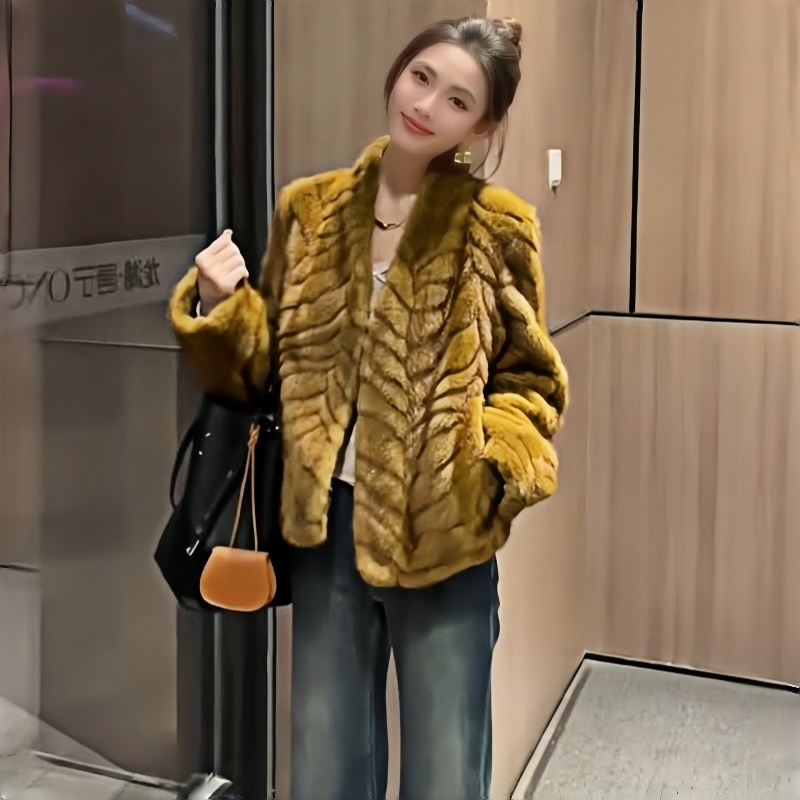 人造皮草 韩系高级感金叶貂厚款轻熟风休闲V领皮草外套短款冬季