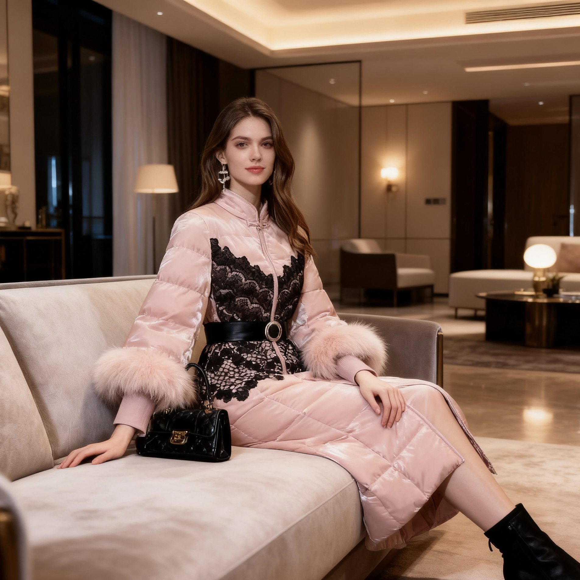 冬季新款时尚名媛轻奢高级感貉子毛重工蕾丝中长款羽绒服外套