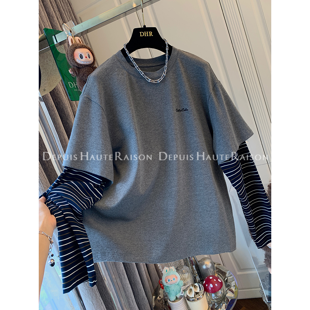 胖妹妹240斤大码美式条纹长袖T恤女早秋季新款宽松假两件别致上衣