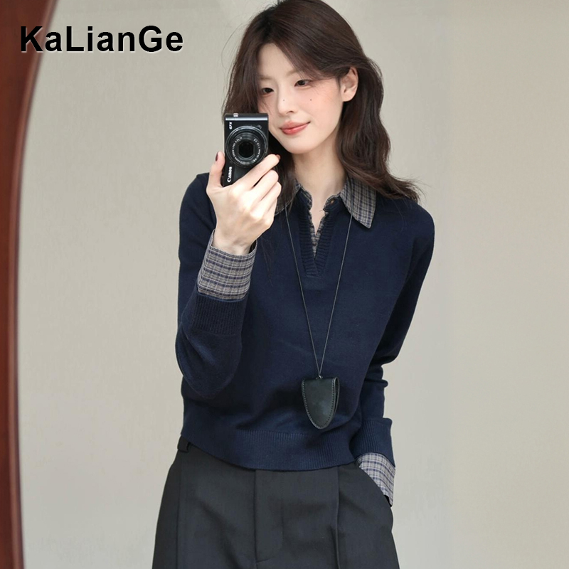 卡莲格/微胖mm翻领长袖上衣女秋季2025新款学院风polo领针织毛衣