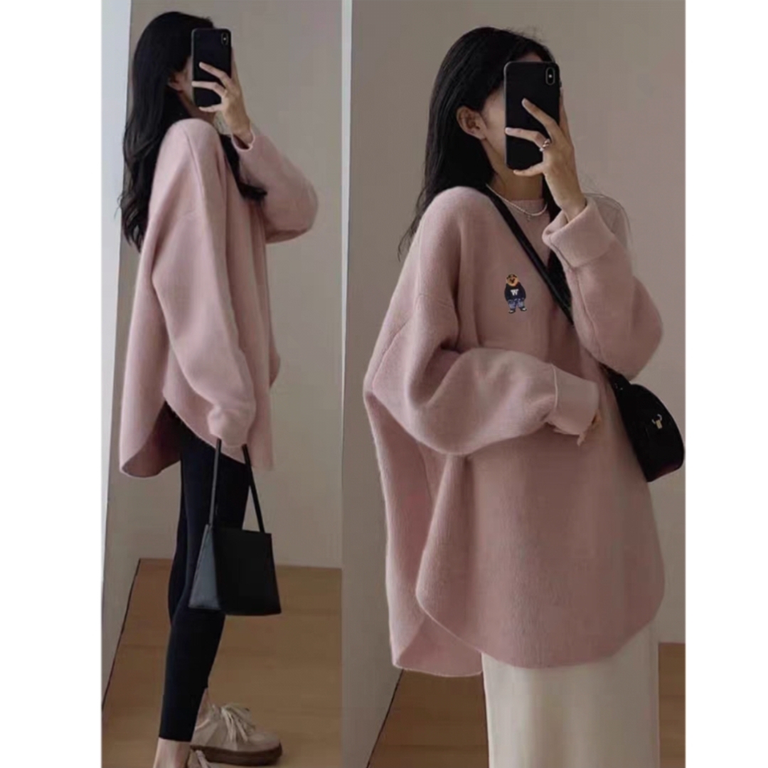 粉色德绒打底衫女秋冬卫衣内搭宽松遮屁股棉质中长款t恤女长袖潮