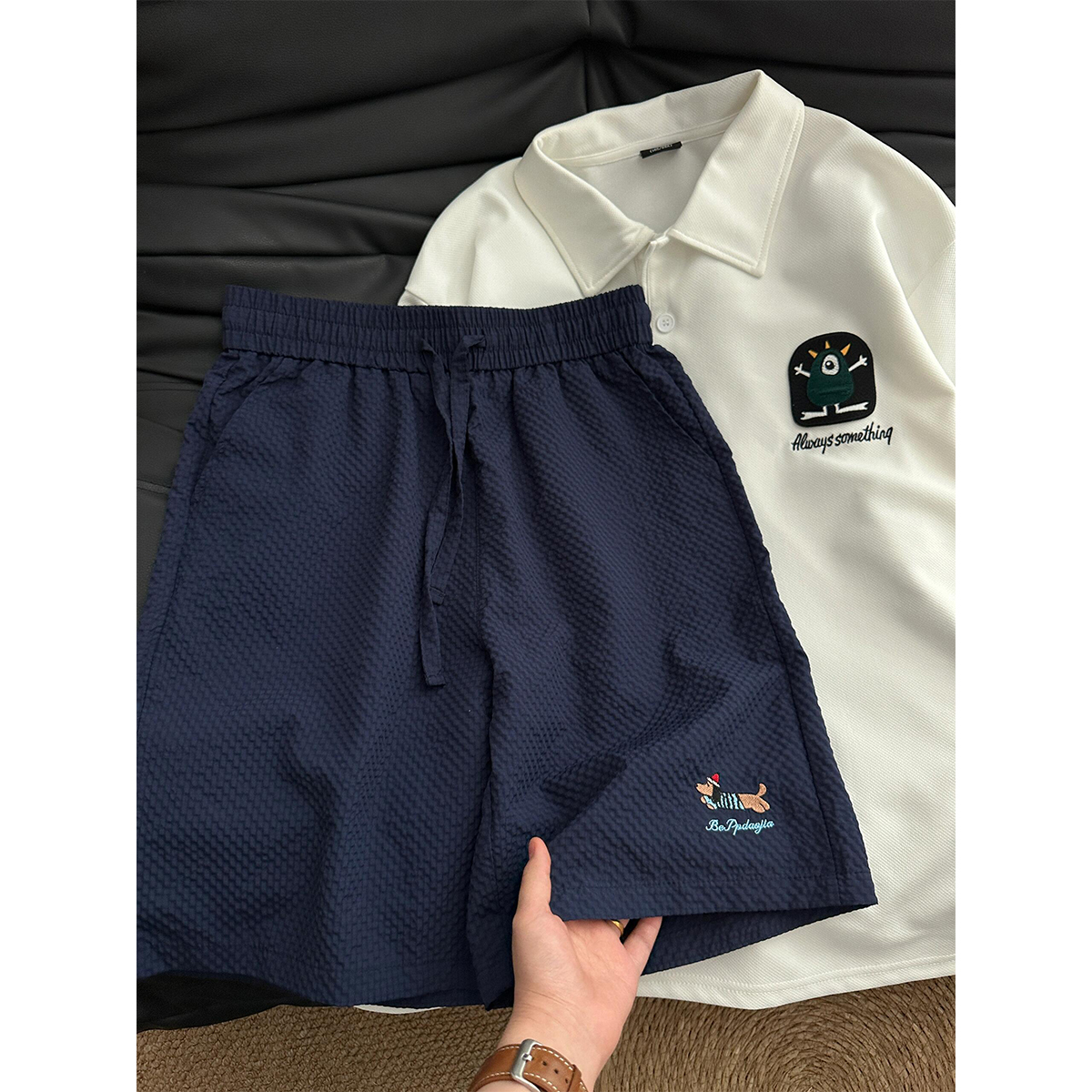 美式潮牌小狗刺绣泡泡纱短裤男夏季速干五分裤休闲户外情侣运动裤