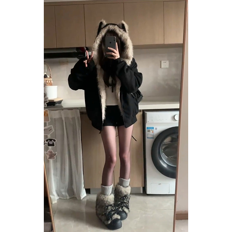 麂皮绒座山雕毛茸茸棉服女2025新款保暖夹棉棉袄加厚连帽外套上衣