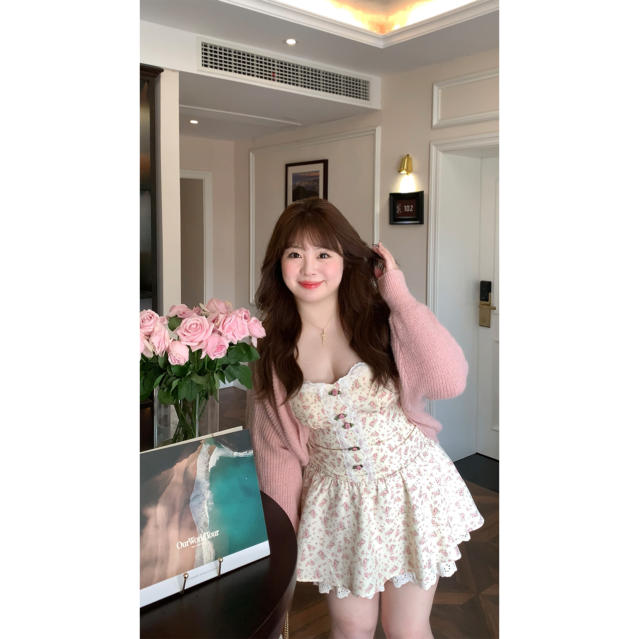 法式碎花吊带+弹力双层蛋糕裙套装/粉色蝙蝠袖针织开衫