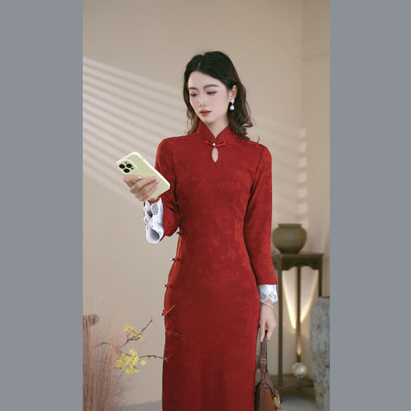 酒红色旗袍秋季新款长袖新中式水滴领改良女装国风订婚结婚敬酒服