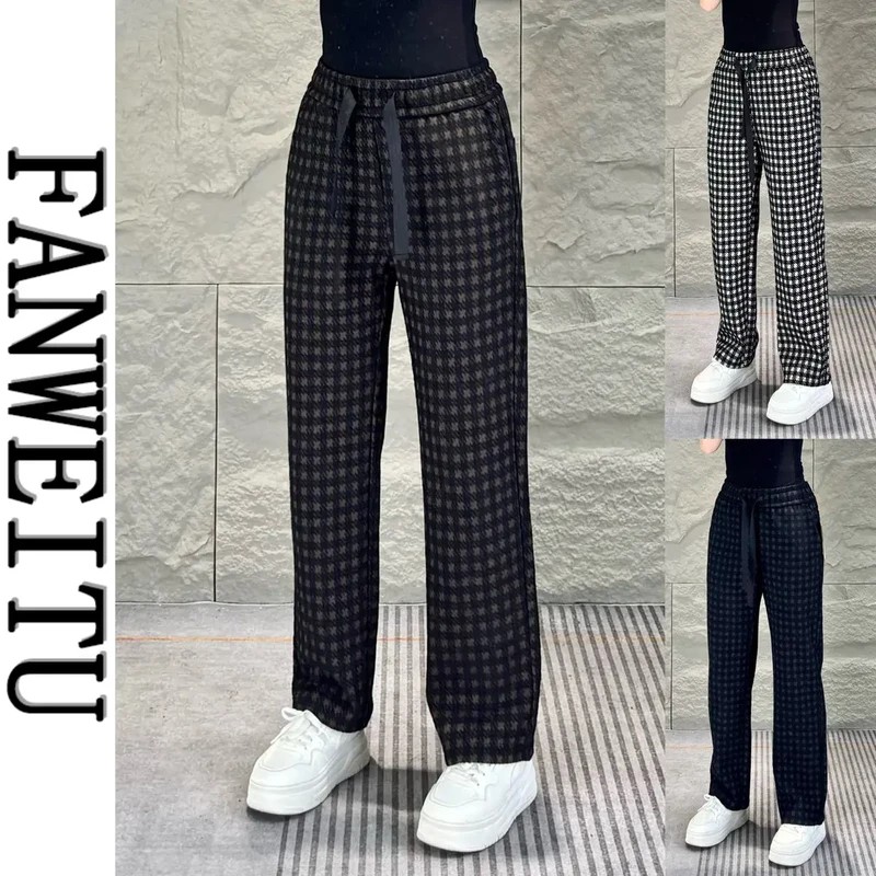 秋季新款高端千格鸟潮流男士直筒休闲裤亲肤加绒加厚挺阔直筒男裤