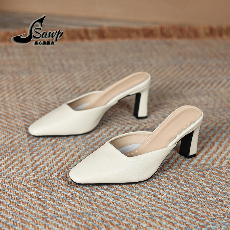 高跟法式气质白色时装凉鞋穆勒鞋时尚软皮包头凉拖鞋百搭