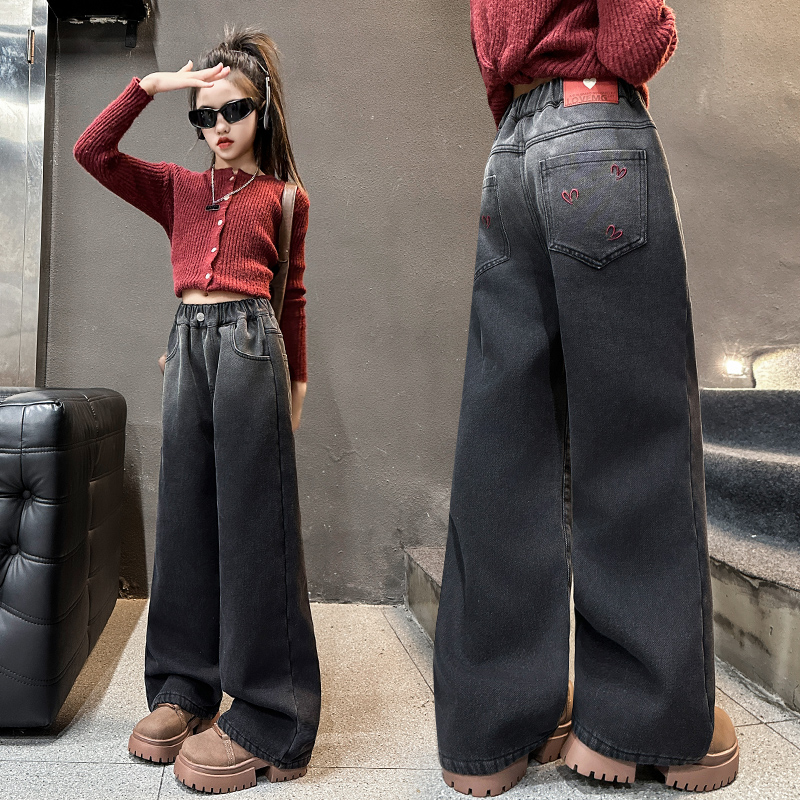 女童时髦春秋牛仔阔腿裤刺绣裤子2025新款儿童渐变宽松大童直筒裤