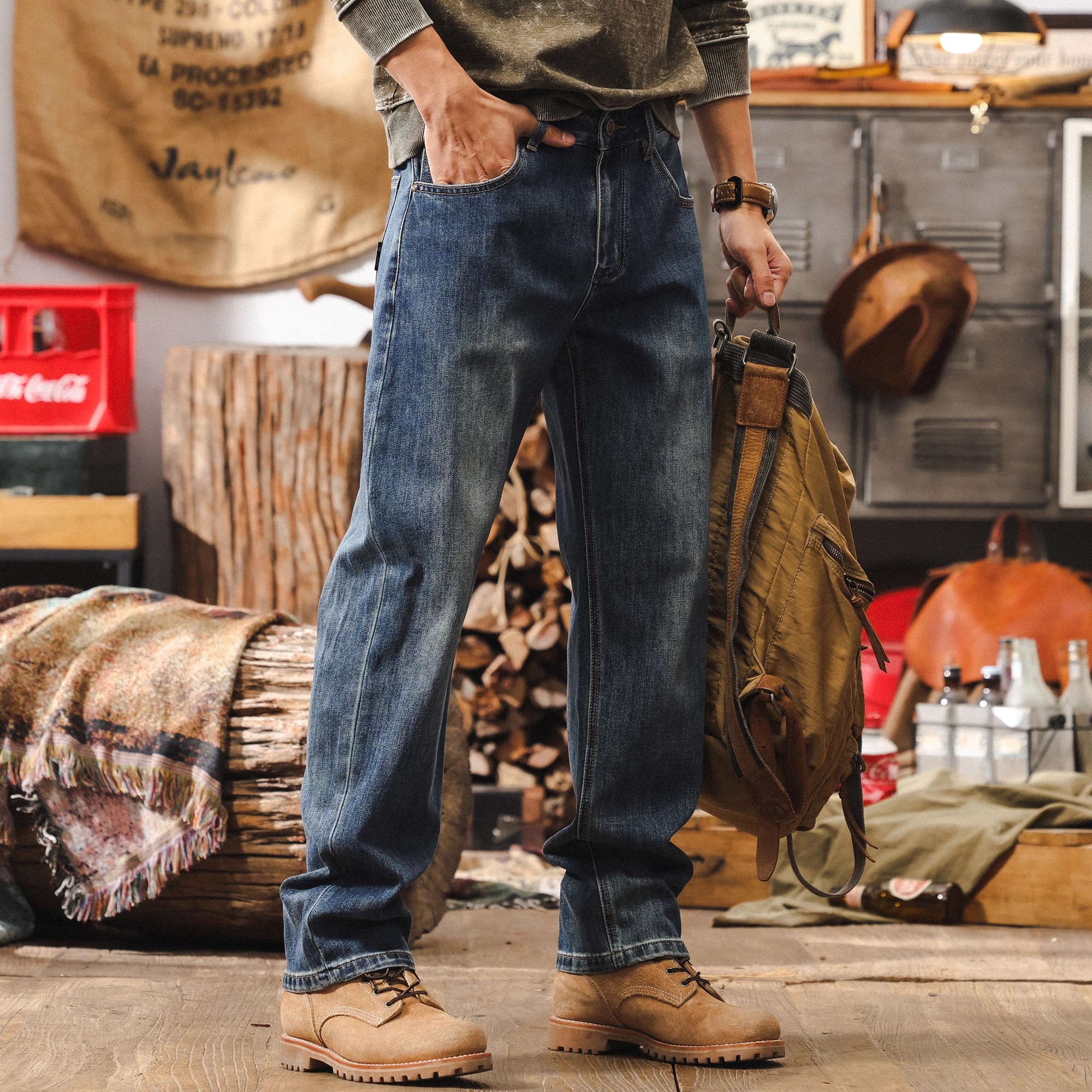 美式重磅复古秋冬牛仔裤男宽松直筒高级感丹宁原碳水洗休闲裤子男