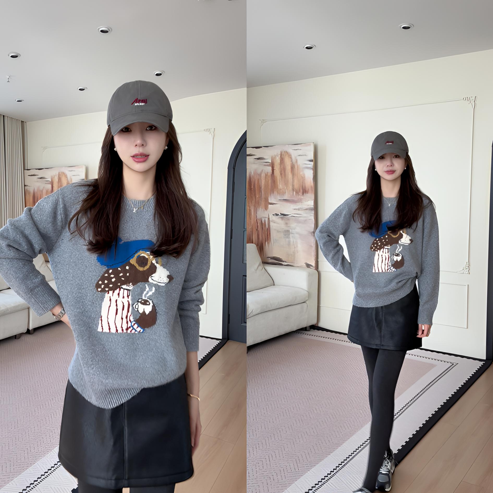 【余欢欢】冬季百搭简约保暖戴帽子小狗圆领针织毛衣-YHW51111