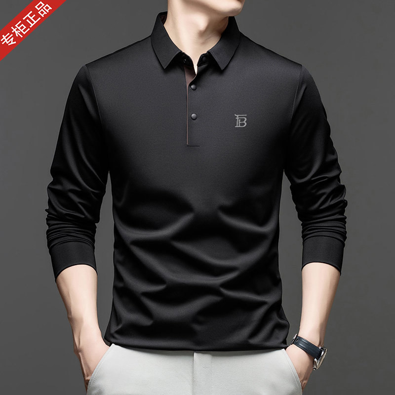 专柜正品英伦男士长袖POLO衫商务休闲无痕翻领纯色刺绣桑蚕丝T恤