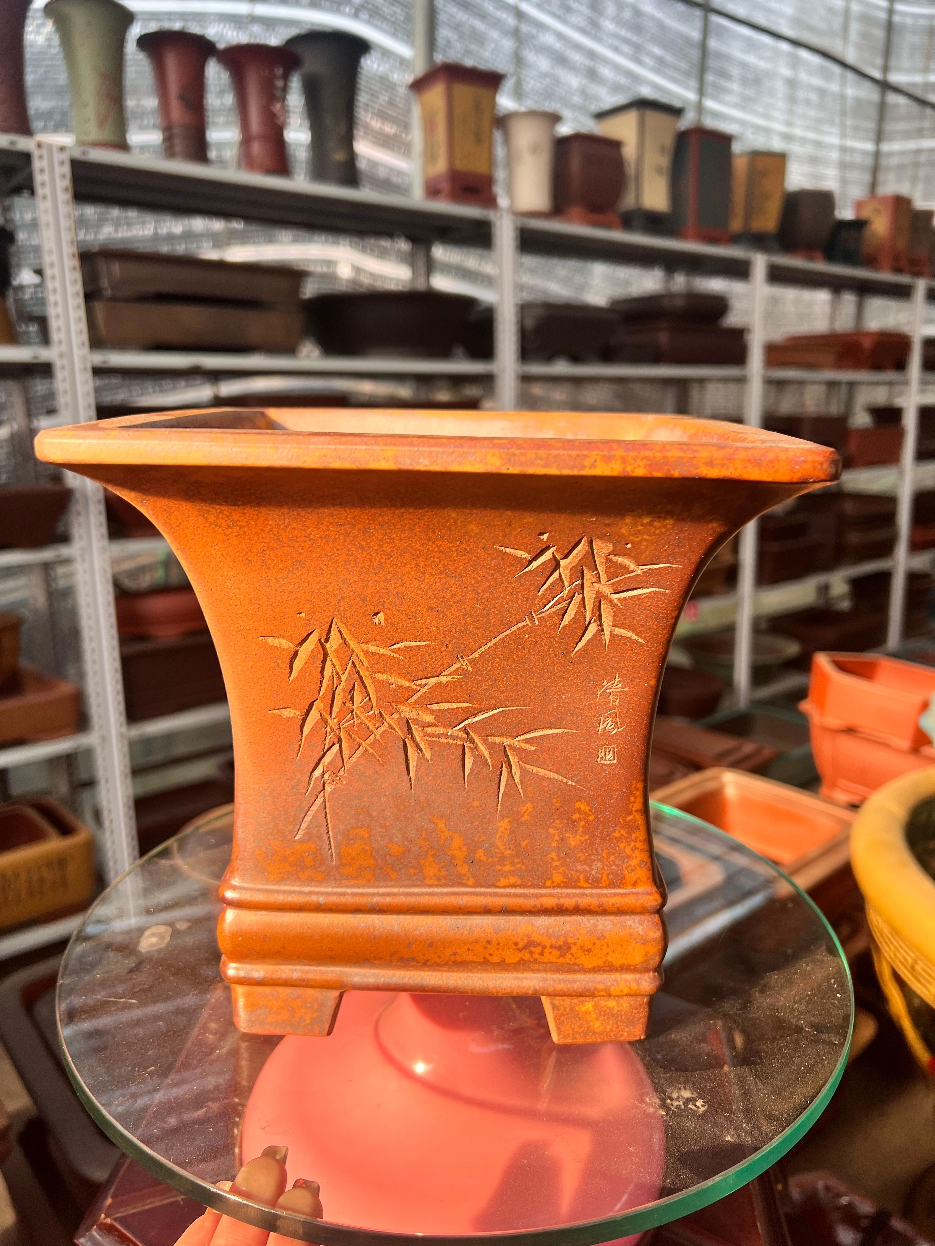 紫砂四方柴烧窑变花盆大口径透气手工刻字盆景专用盆口径20高度20