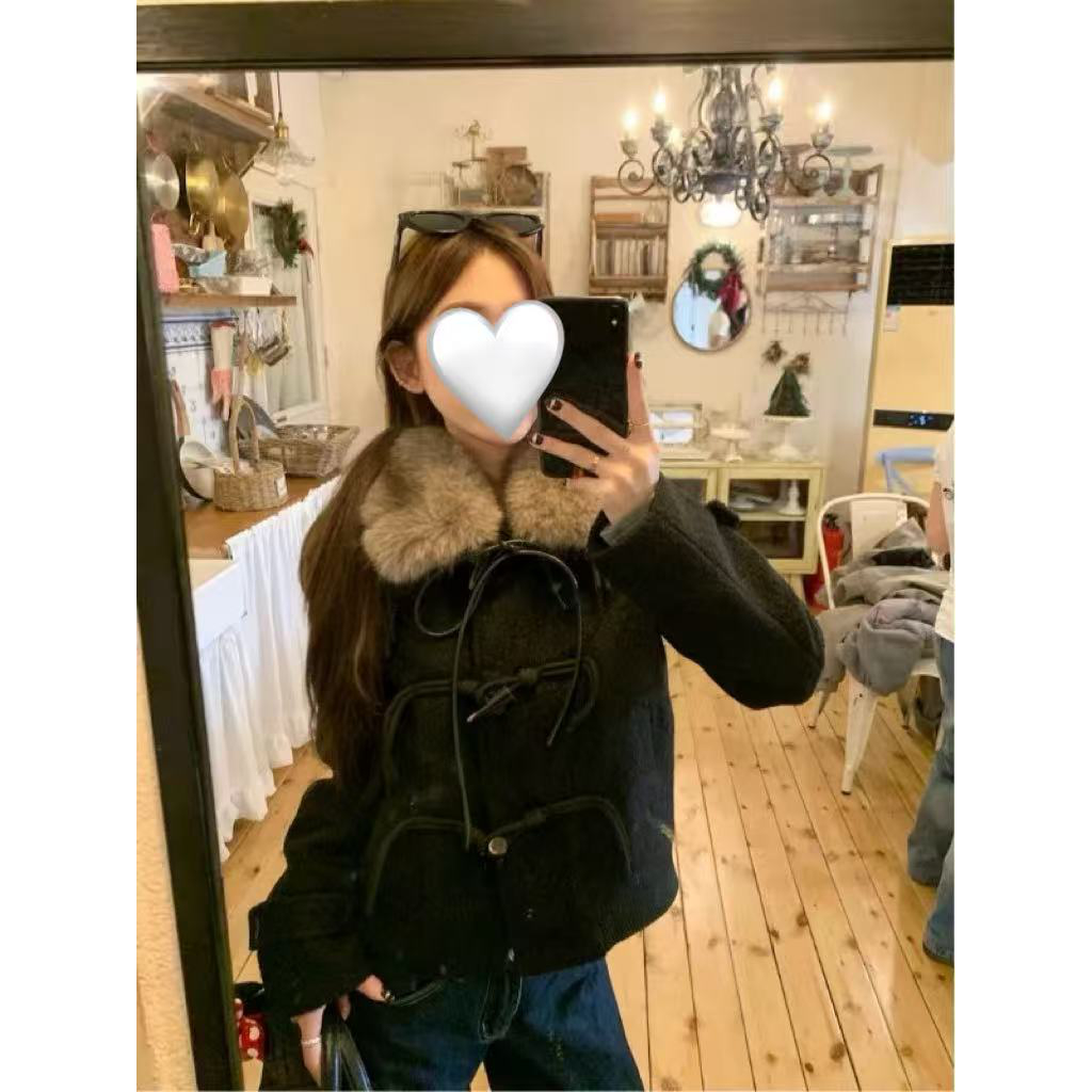 长袖极简风大毛领短款冬季加厚可拆卸女毛呢外套牛仔