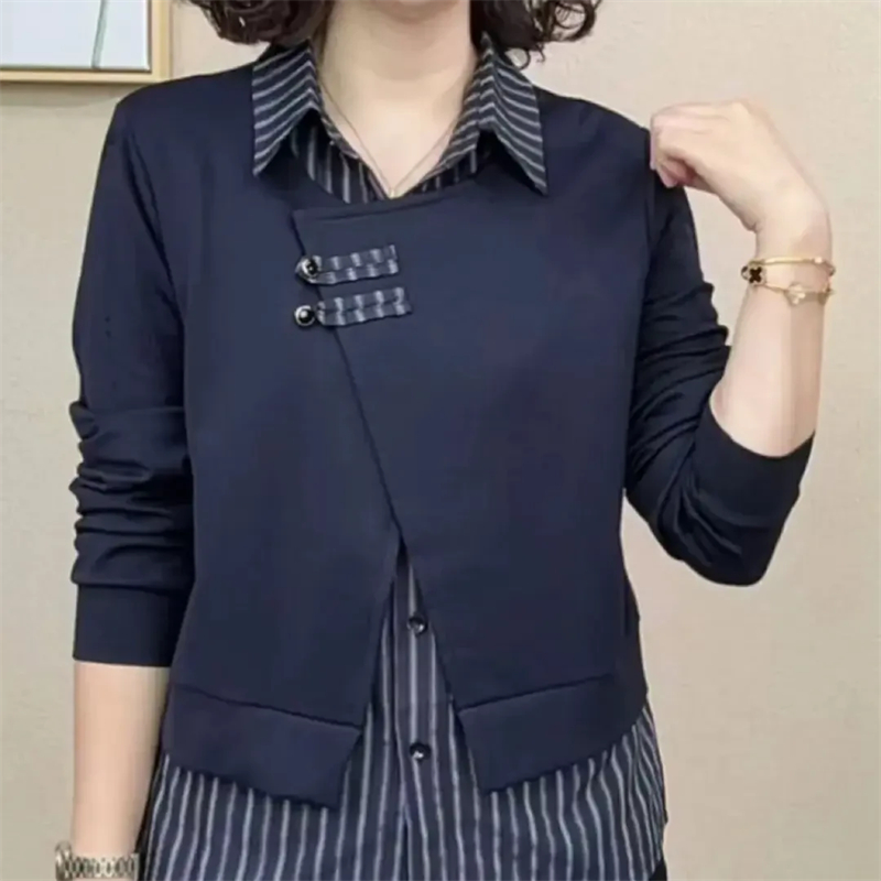气质翻领女装时尚套装假两件早秋休闲风拼接显瘦洋气长袖#6568