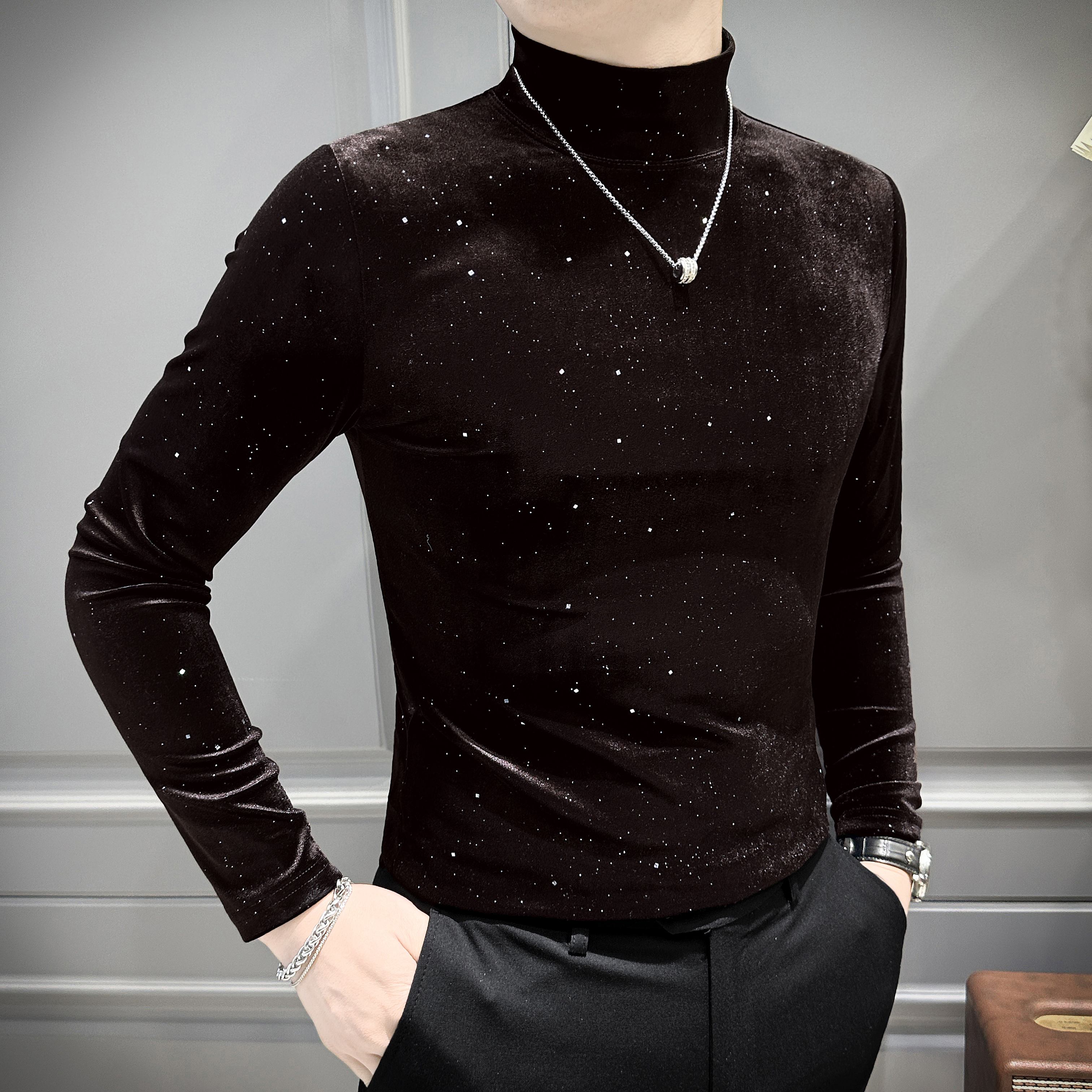 金丝绒满天星男士半高领打底衫网红洋气炸街男装内搭长袖t恤男款