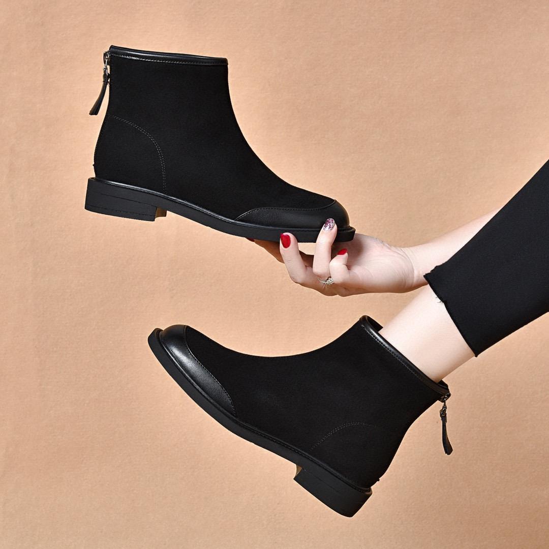 平底短靴圆头磨砂皮2025新款冬季真皮绒面及踝靴翻毛皮女春秋单靴