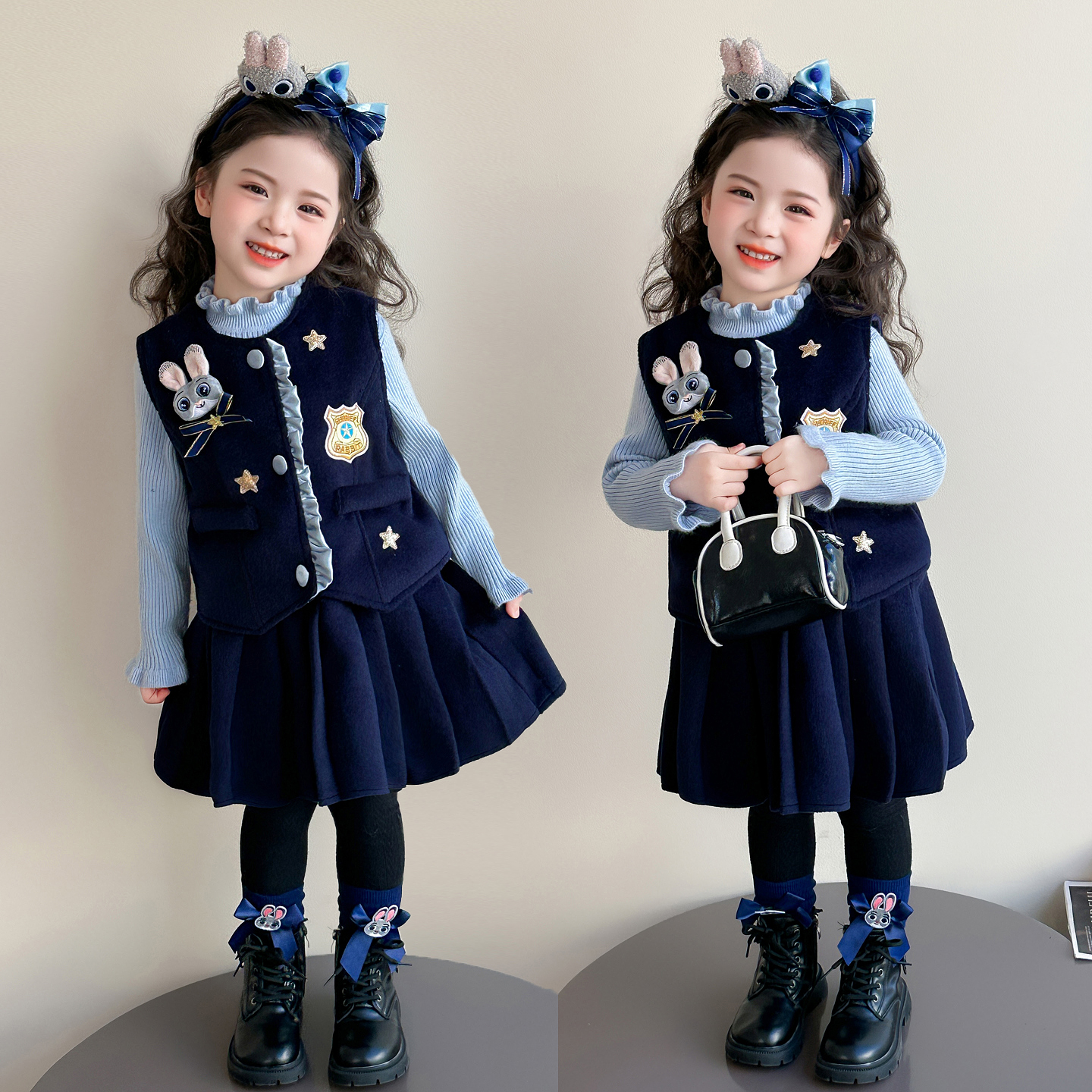 女童春秋朱迪兔子警官套装秋冬2026新款洋气女孩毛呢可爱套装裙