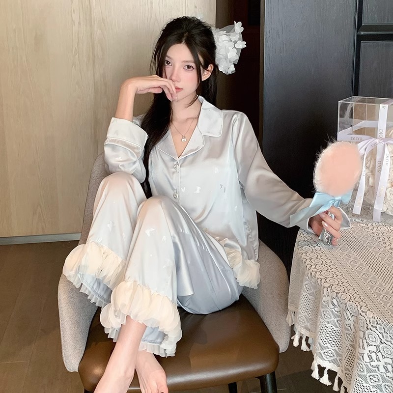 春秋季冰丝睡衣女2025年新款蝴蝶钻石扣简约高级感长袖套装家居服