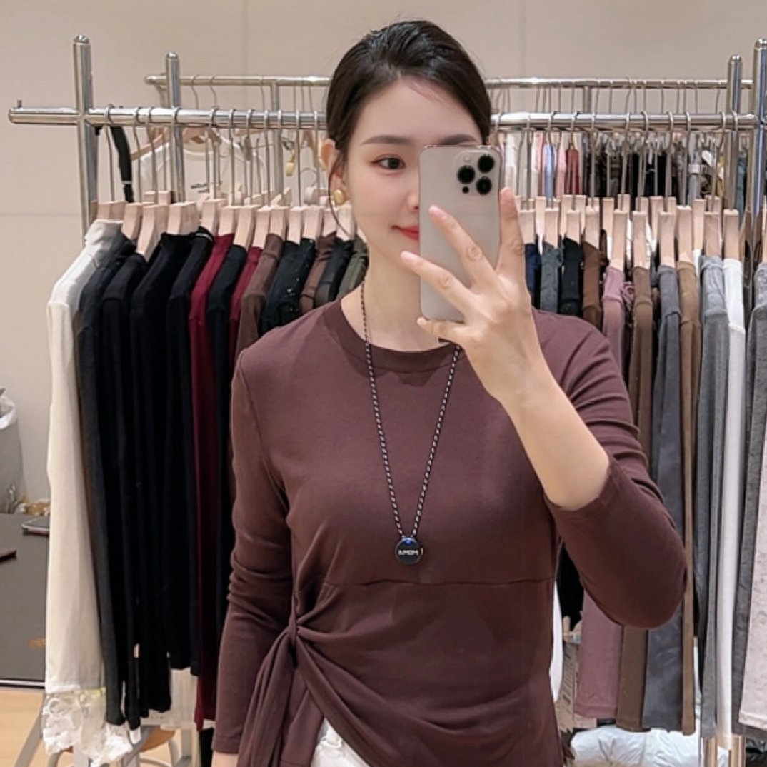 （时秀）吸汗常规短款长袖抽褶T恤秋冬打底衫内搭针织套头时尚圆领