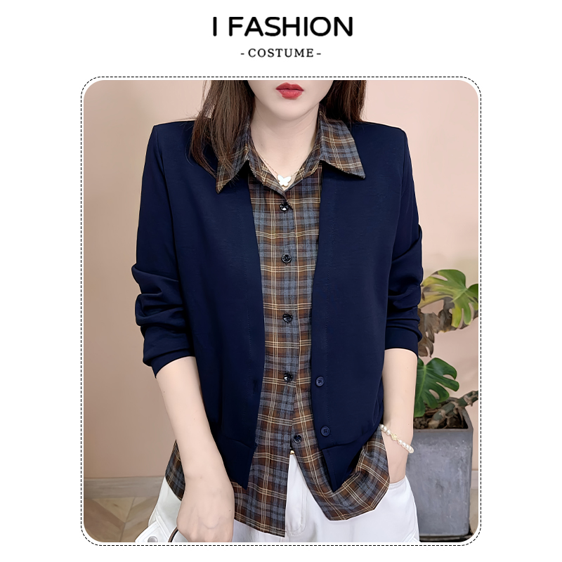 时尚撞色拼接假两件外套女2025年春秋新款洋气百搭修身显瘦领上衣