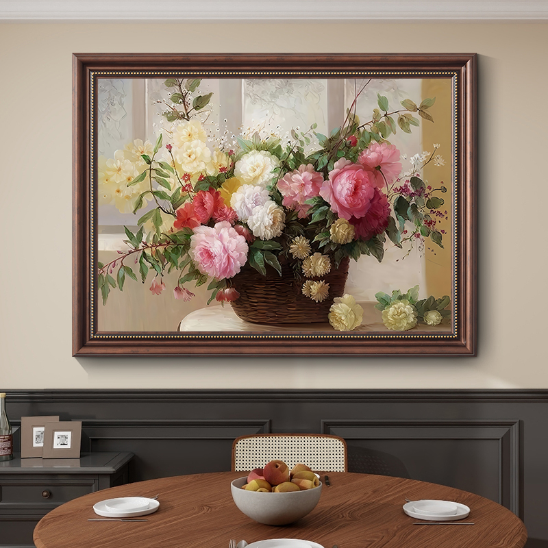《牡丹花开》美式餐厅背景墙挂画装饰画静物油画复古客厅横版壁画