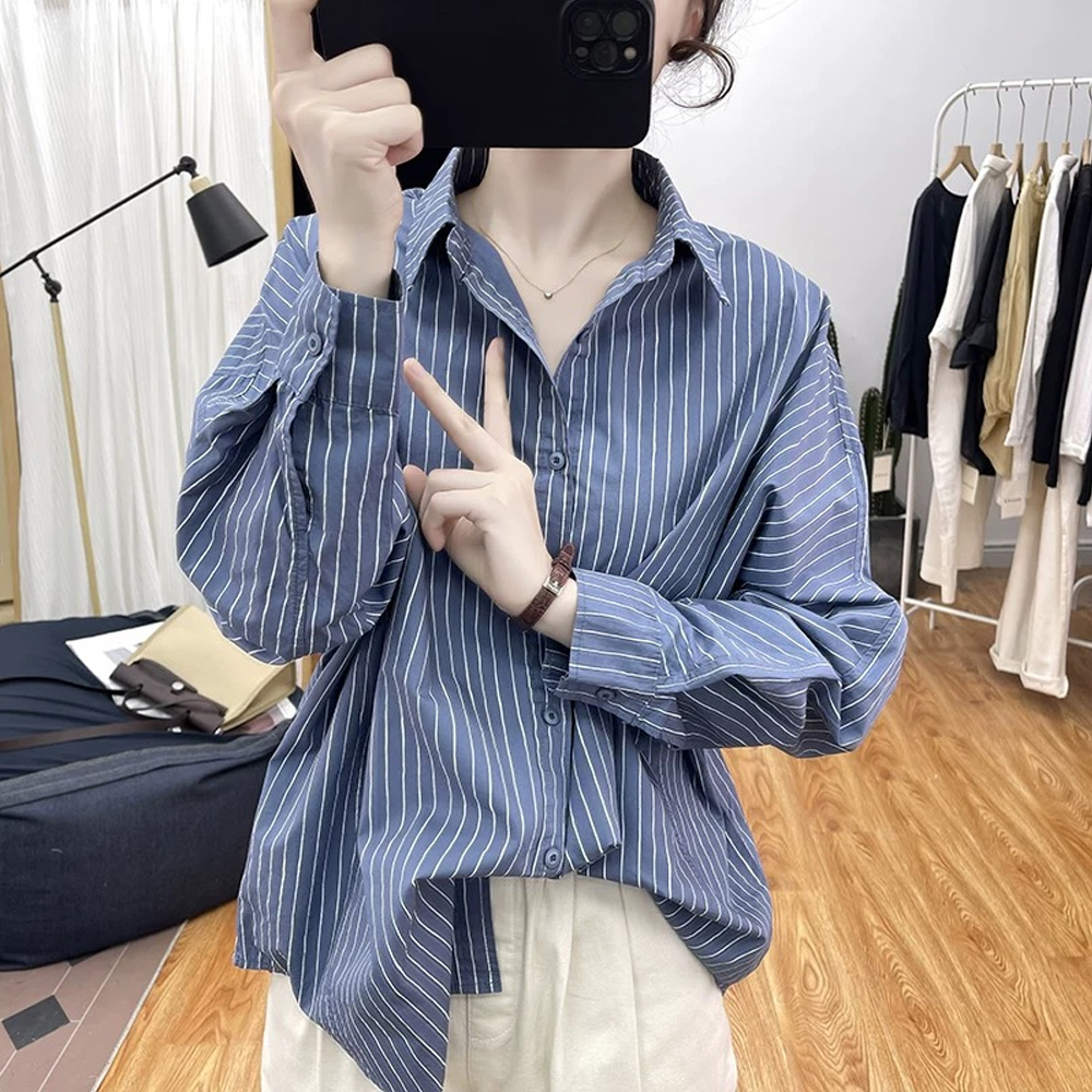 纯棉长袖衬衫女早春新款韩系内搭条纹衬衣今年流行漂亮小衫上衣潮