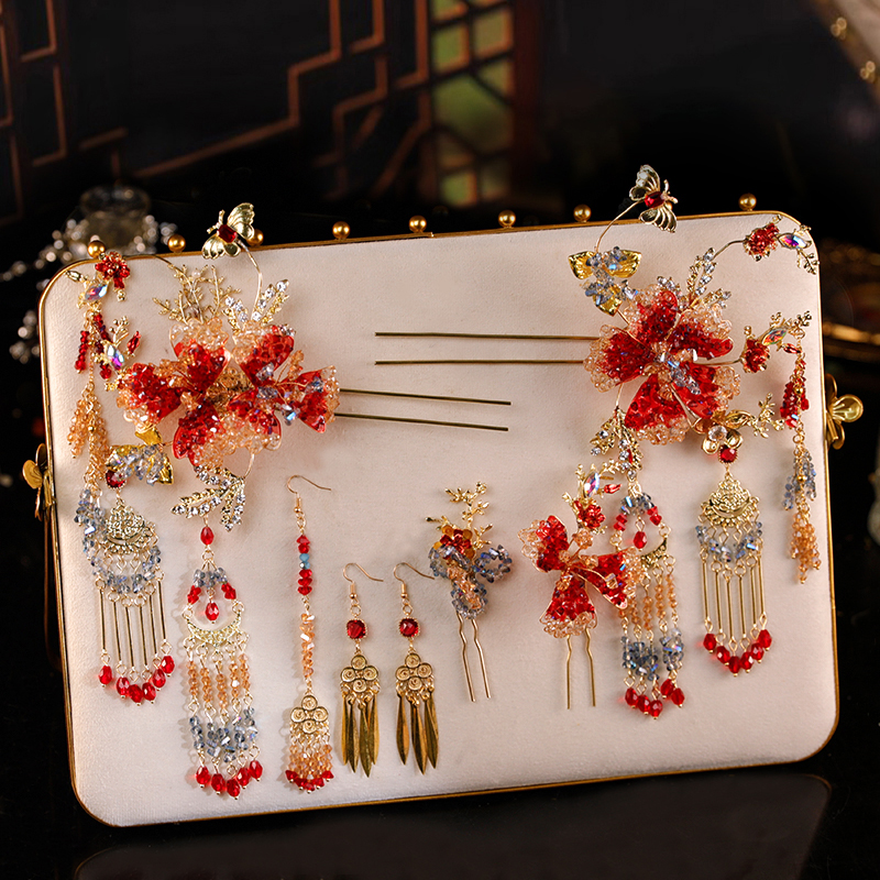 GZ376秀禾头饰新中式红色复古高级水晶流苏新娘汉服晨袍龙凤发饰