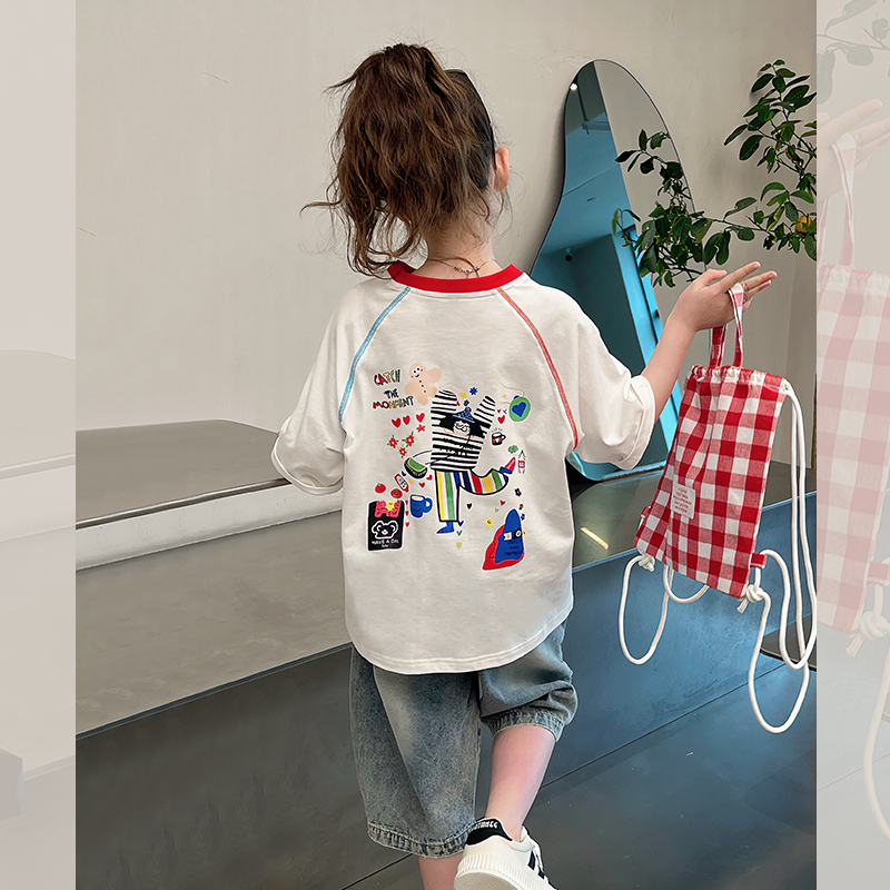 韩版童装女童插肩短袖t恤2025夏季潮牌洋气宝宝上衣休闲棉t恤