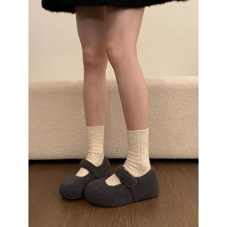 内增高厚底勃肯鞋女加绒灰色玛丽珍毛毛鞋冬季外穿呢子保暖棉单鞋