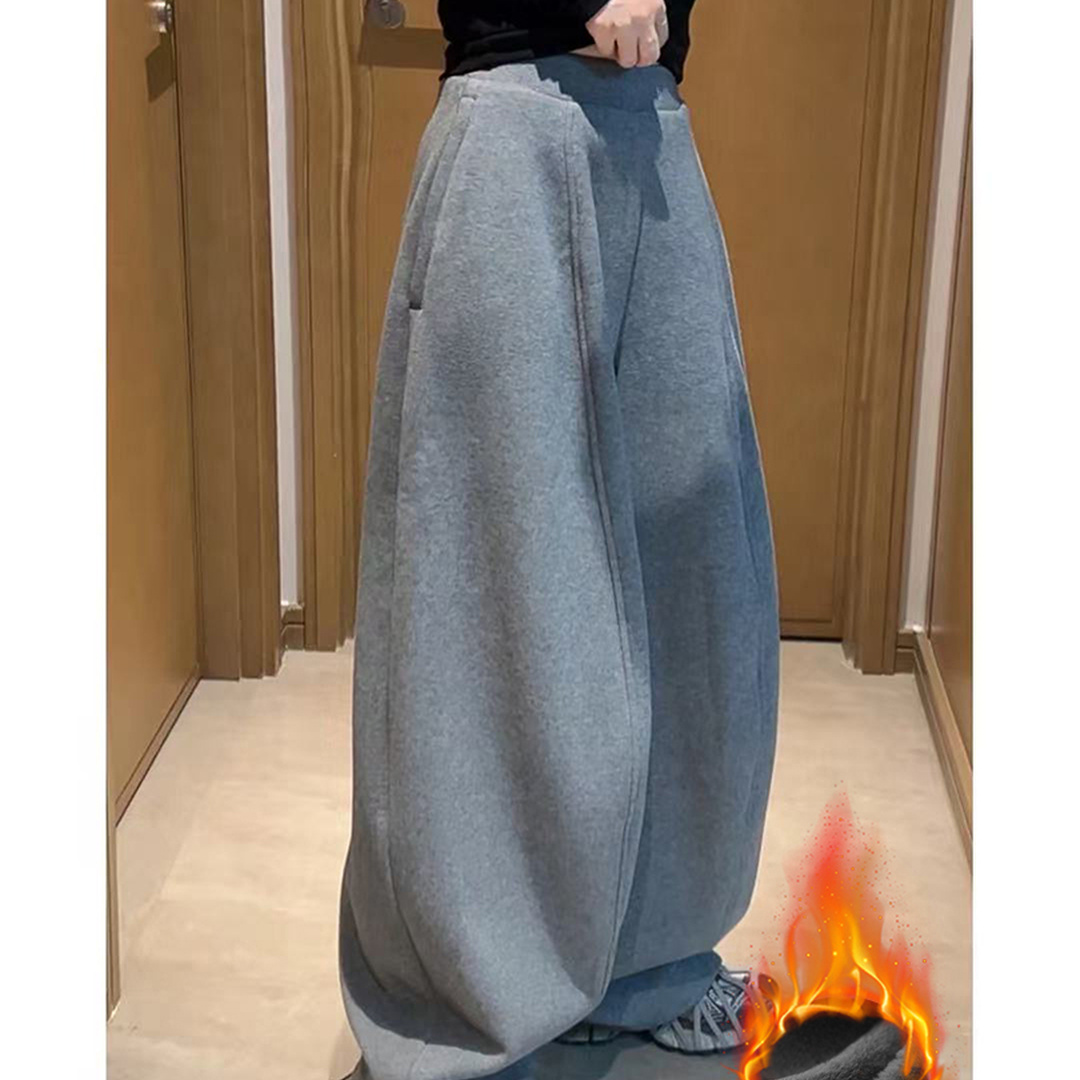 2025新款冬季韩系加厚加绒松紧腰宽松休闲显瘦弯刀气球阔腿卫裤女
