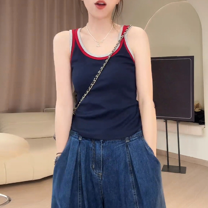 韩系拼色设计感吊带上衣女士2025年夏季新款时尚通勤百搭潮流衣服