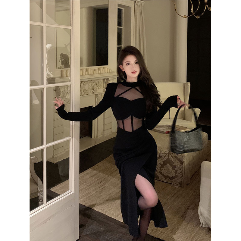 2026春季新款辣妹性感巨好看黑色裙女网纱拼接包臀裙长袖连衣裙女