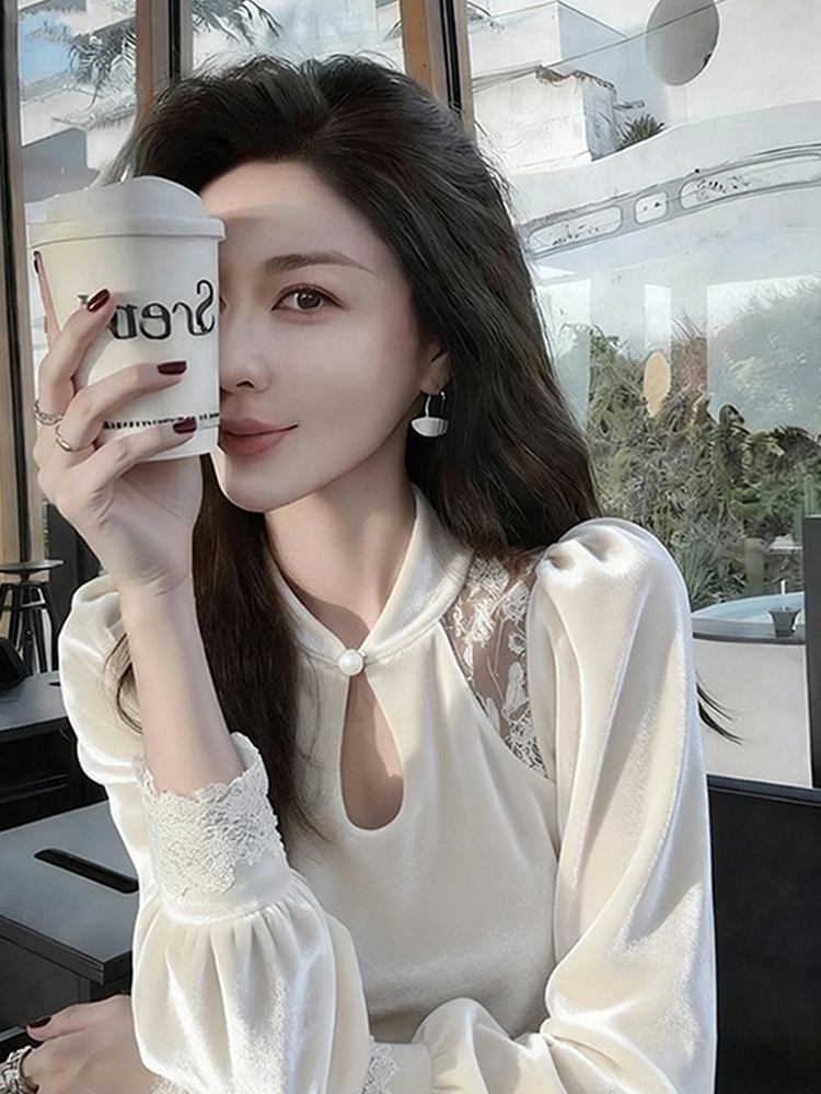 法式白色立领蕾丝拼接镂空丝绒衬衫女款秋季新款气质名媛内搭衬衣