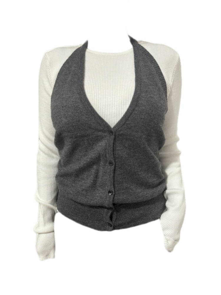 【Amy家】微胖mm慵懒风长袖针织衫叠穿挂脖背心马甲显瘦两件套上衣