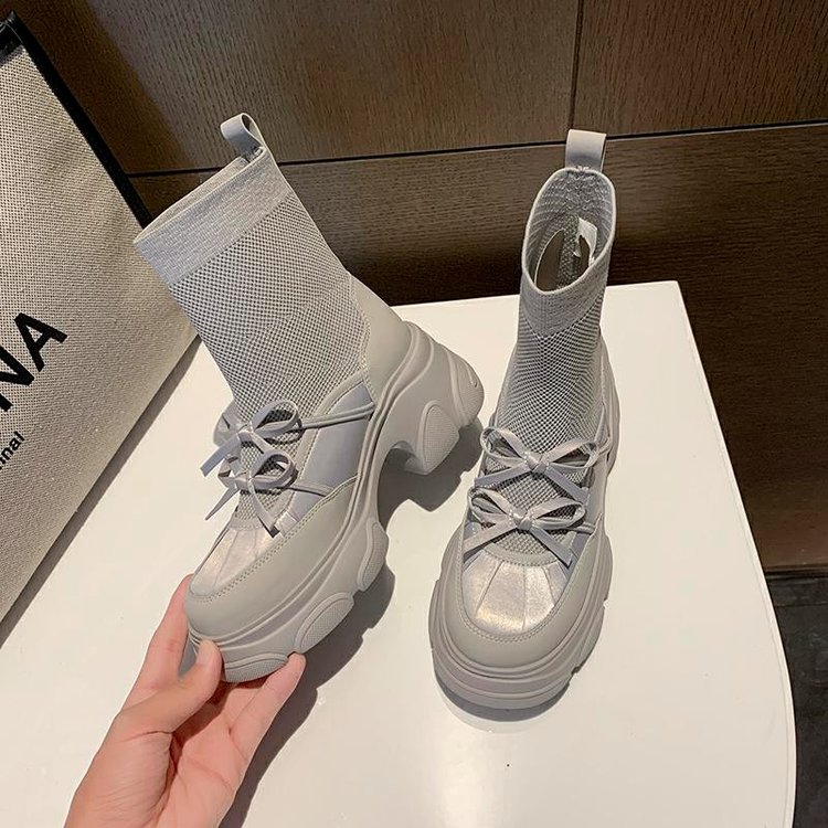 2025秋冬新款厚底增高短靴女简约复古小个子小皮靴英伦风弹力袜靴