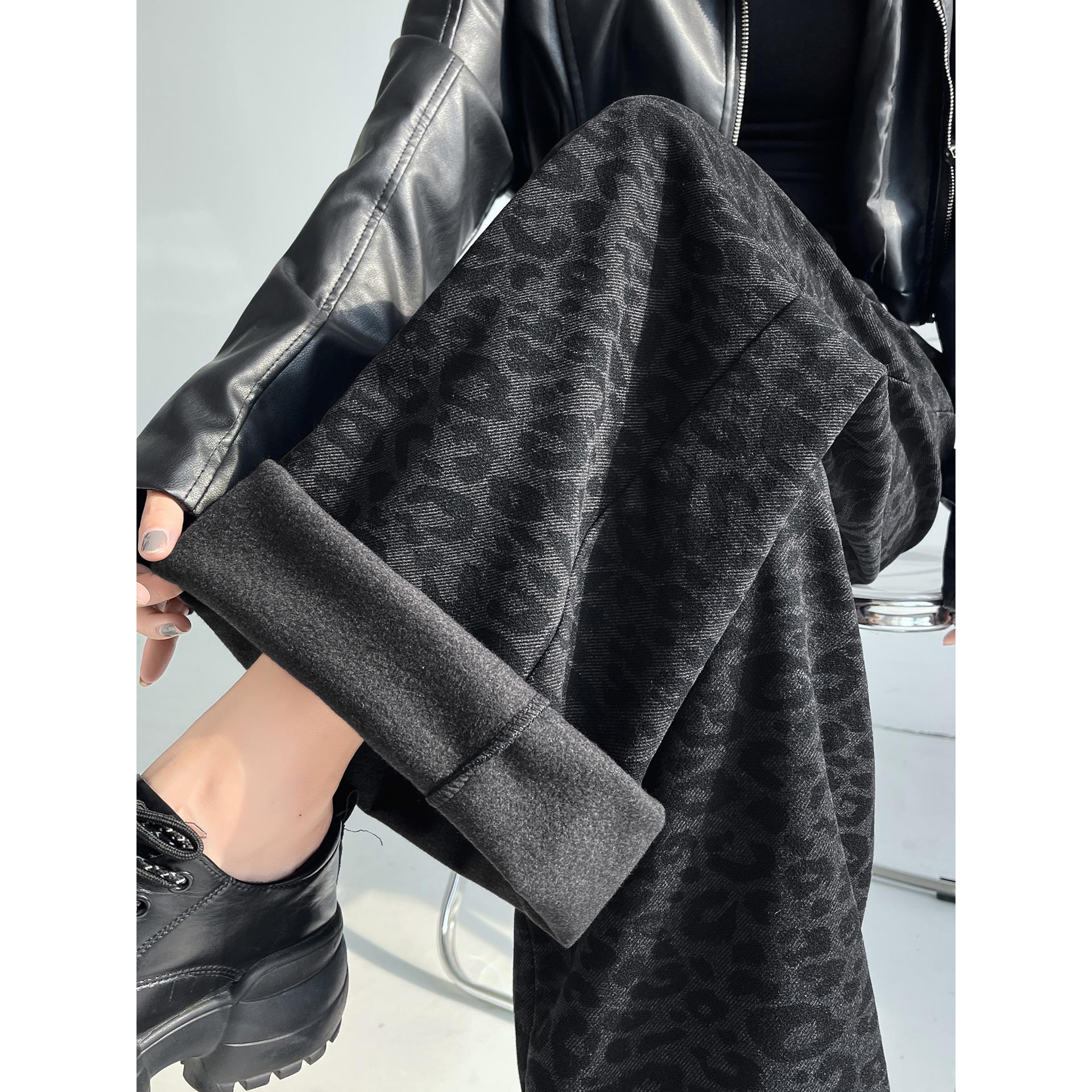 孙夫人加绒加厚豹纹阔腿裤女秋冬高腰显瘦宽松休闲直筒垂感拖地裤