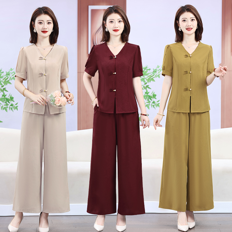 夏季妈妈新中式套装短袖阔腿裤遮肚显瘦女装宽松气质时尚两件套女