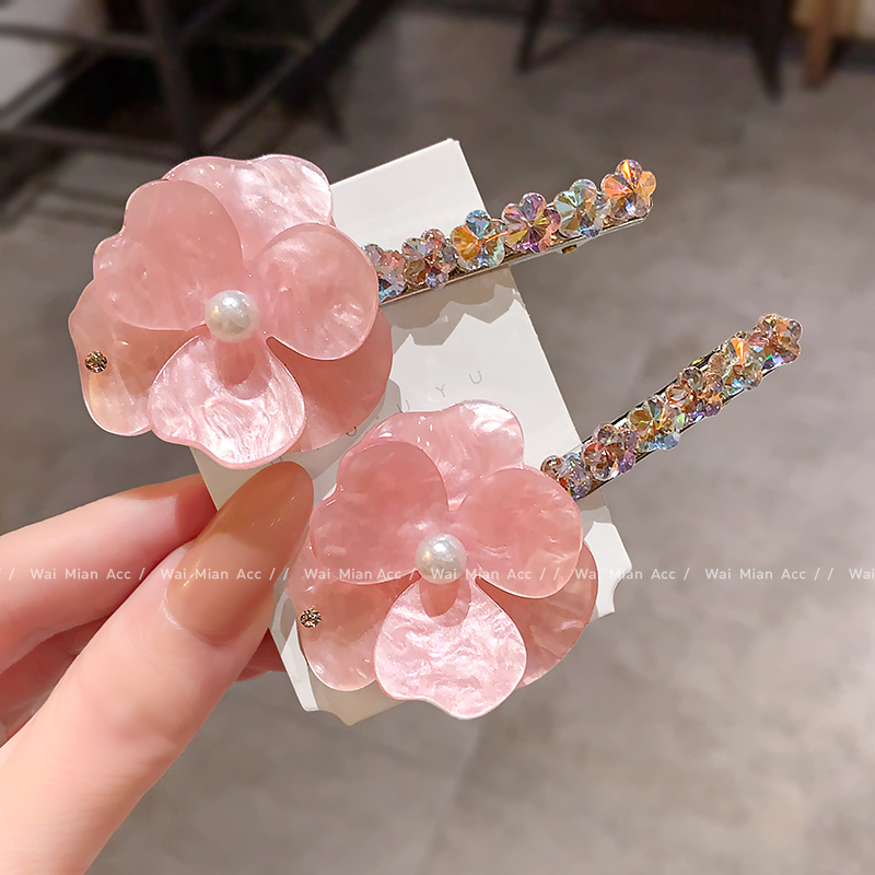 粉色花朵发夹高级感选材水晶鸭嘴夹女刘海夹侧边夹2025新款碎发夹
