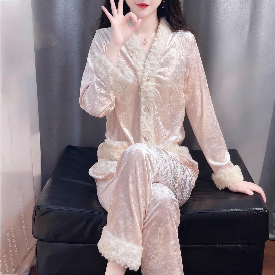 tpvl半边绒毛边睡衣女秋冬款气质家居服长袖套装2025新款可外穿