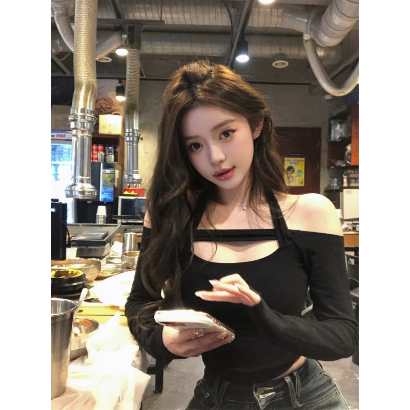 辣妹纯欲风一字领挂脖镂空露肩短款T恤女设计感高腰复古牛仔长裤