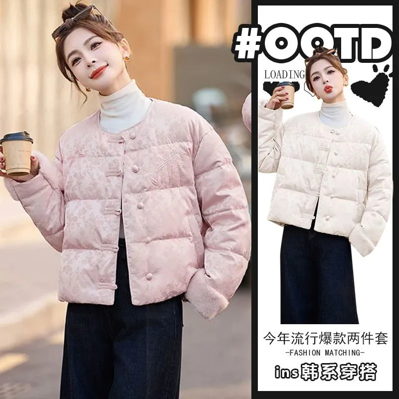 秋冬新款中国风盘扣刺绣保暖棉服女高级感小众显瘦短款棉衣潮