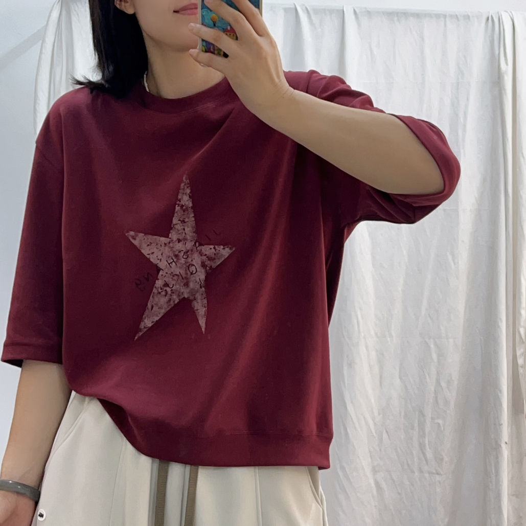 （幸运星）时尚七分袖圆领卫衣宽松显瘦上衣弹力双面棉打底单穿女