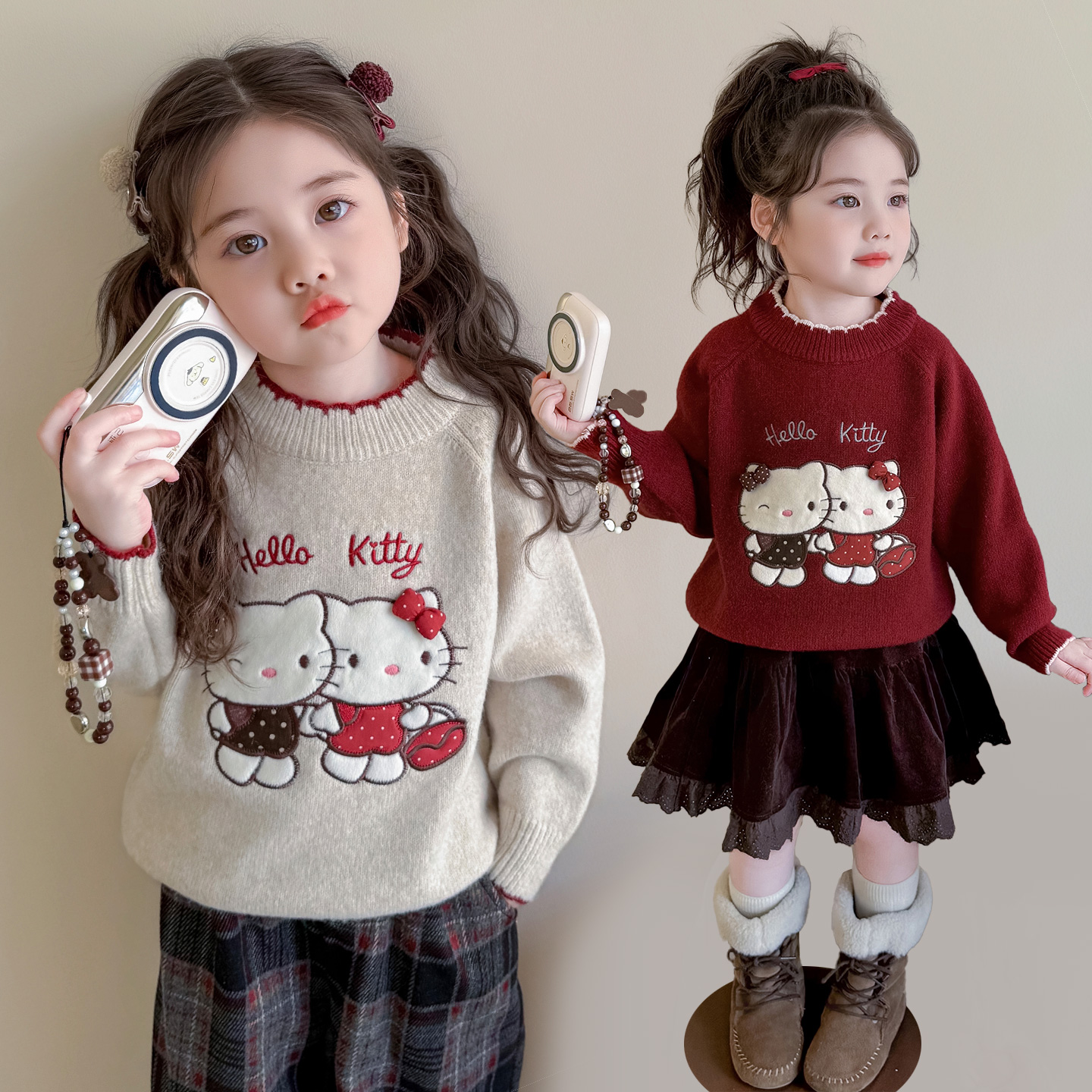 女童加绒毛衣秋冬款2025新款女宝猫咪时髦儿童加厚冬装套头针织衫