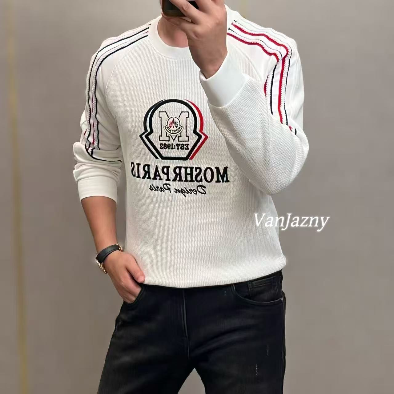 【VanJazny】新款男士时尚条纹字母不规则图案圆领卫衣81025
