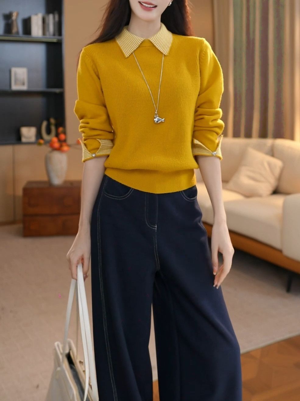 韩版气质休闲百搭假两件针织衫内搭女秋冬新款POLO领加厚打底毛衣