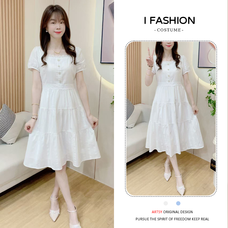 潮流时尚蕾丝拼接方领短袖连衣裙女2026年夏季新款洋气减龄中长裙
